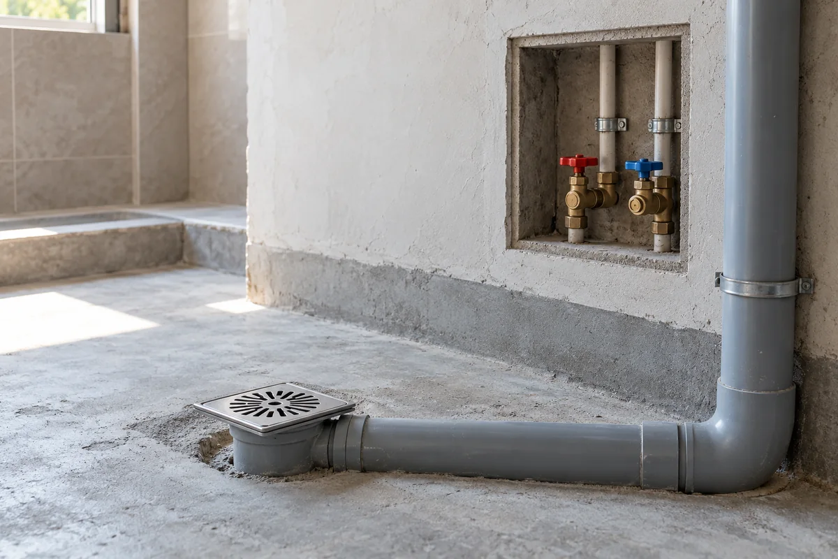 Bathroom drain and service-access area before the final finishes