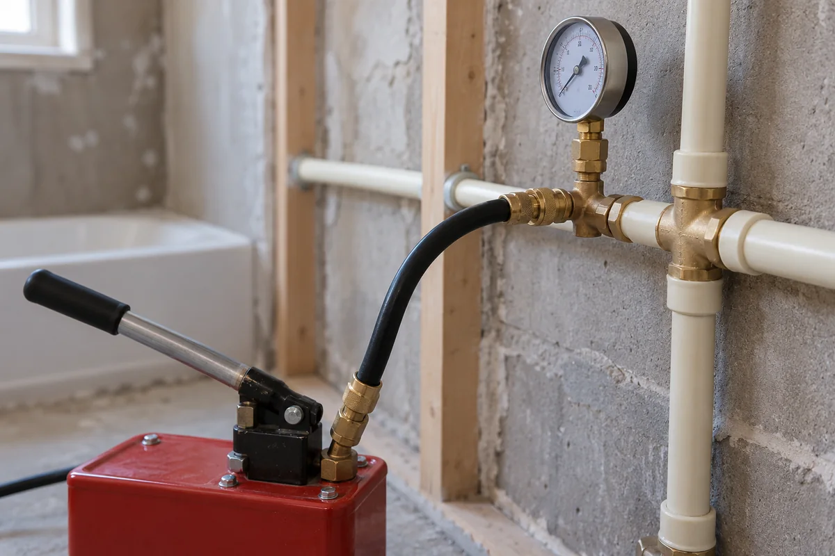 Close view of a water-test gauge and bathroom pipe fittings