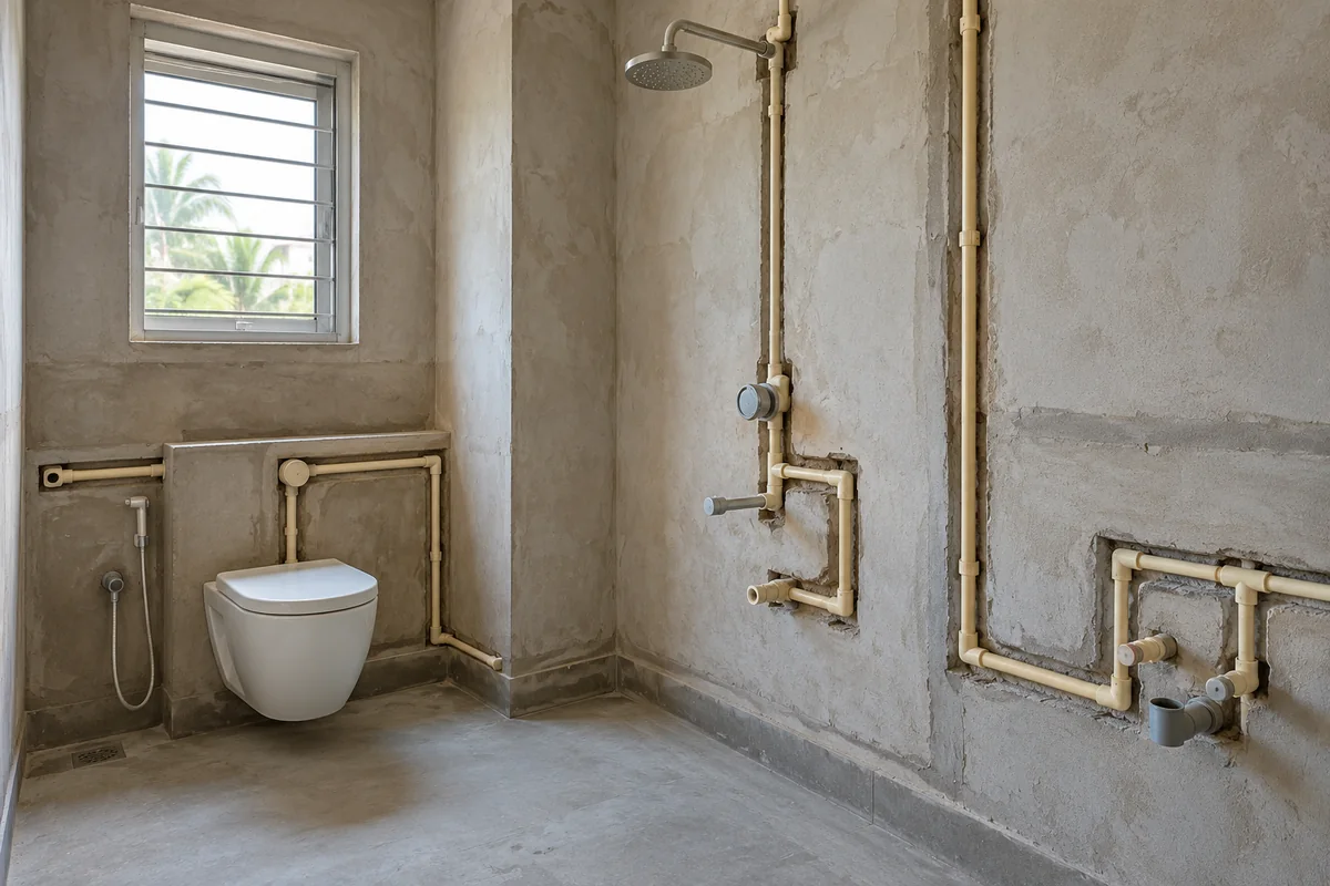 An unfinished compact bathroom with visible pipe routes before wall finishes