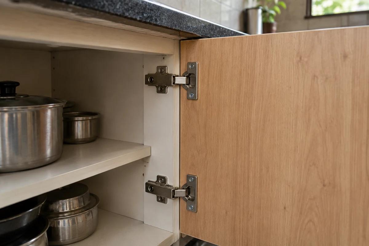 The inside of an open cabinet showing a concealed hinge and pale panel edges