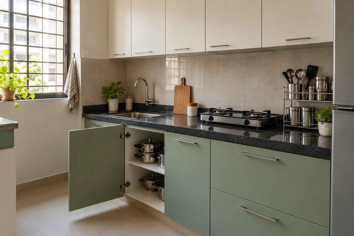 A modest off-white and sage kitchen with an open base cupboard and retained dark worktop