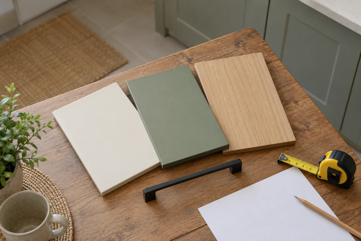 Small off-white, sage and light wood finish samples beside a handle and tape measure