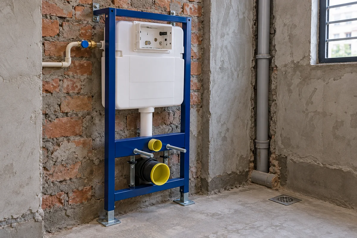 A wall-hung toilet carrier frame and concealed cistern fixed before wall cladding