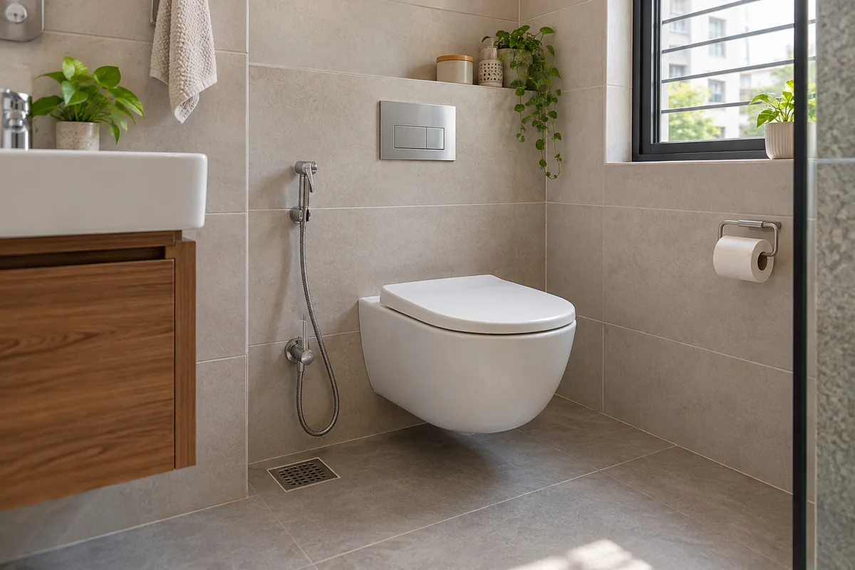 A compact tiled bathroom with a white wall-hung toilet and rectangular flush plate