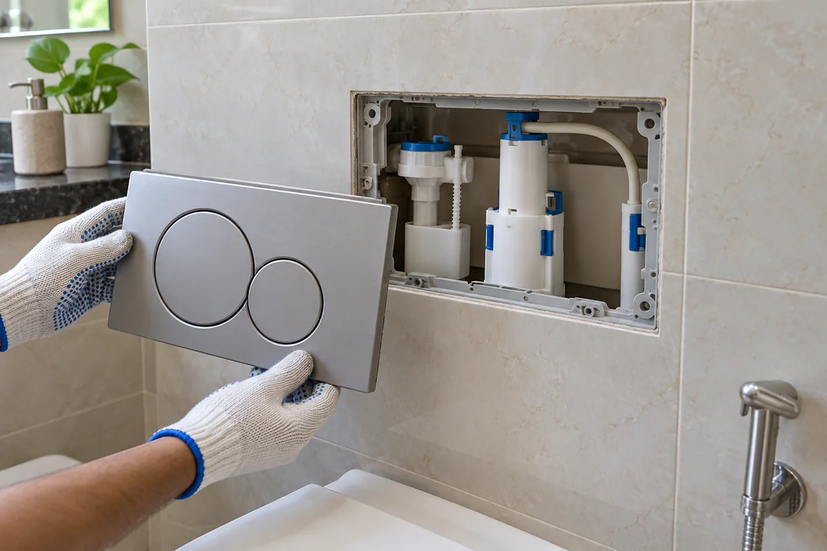 Gloved hands holding a removed flush plate beside the concealed cistern service opening